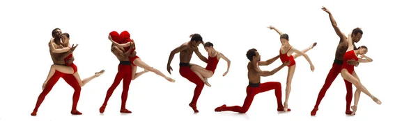 Imagen compuesta de dos personas, hombre y mujer bailando en estilo contemporáneo de ballet en el estudio sobre fondo gris. Belleza, arte, concepto de diversidad — Foto de Stock