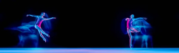 Filles gracieuses et belles, ballerines dansant sur scène isolé sur fond sombre dans la lumière mélangée au néon. Collage, set — Photo