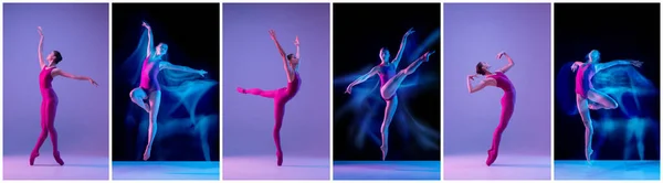 Гибкость и эмоции. Коллаж портретов танцовщиц балета, танцующих на темном студийном фоне в неоновом смешанном свете. Модели в сценических образах. — стоковое фото