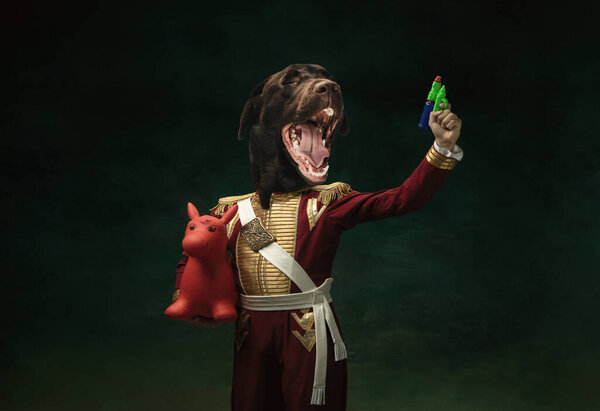 Model like medieval royalty person in vintage clothing headed by dog head isolated on dark vintage background. Concept of comparison of eras, artwork. Surrealism