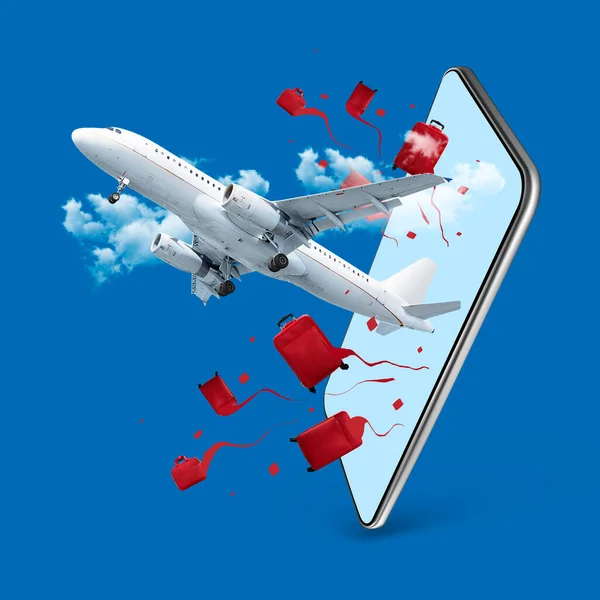 De férias. Avião grande, a aeronave voa para fora da tela do telefone no fundo do céu azul com nuvens. Design moderno. Colagem de arte contemporânea. Viagens, anúncios, tecnologia — Fotografia de Stock