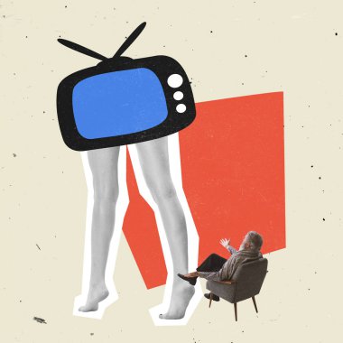 Son sınıf öğrencisi, Pastel arka planda kadın bacaklarıyla televizyon izliyor. Modern tasarım, çağdaş sanat kolajı. İlham, fikir, modaya uygun şehir dergisi tarzı.