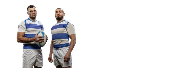 Güçlü atletlerin portrelerini taşıyan broşürler, rugby oyuncuları beyaz arka planda izole edilmiş takım gibi yan yana duruyorlar. Spor, etkinlik, sağlık, hobi, meslek kavramı — Stok fotoğraf