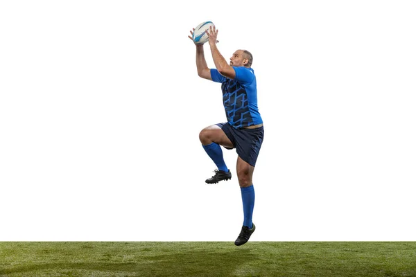 Fast forward. Male rugby player catching ball in jump isolated on white background. Jump and action concept. an incredible strain of all forces