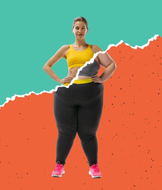 Yeşil turuncu arka planda izole edilmiş spor üniforma giyen zayıf bir genç kız ve büyük beden bir kadınla yaratıcı bir sanat kolajı. Kilo verme konsepti.