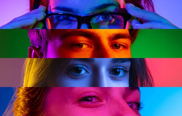 Rayas de neón, lomos. Primeros ojos humanos sobre fondo multicolor en luz de neón. Collage hecho de caras recortadas de modelos masculinos y femeninos. Diversidad —  Fotos de Stock