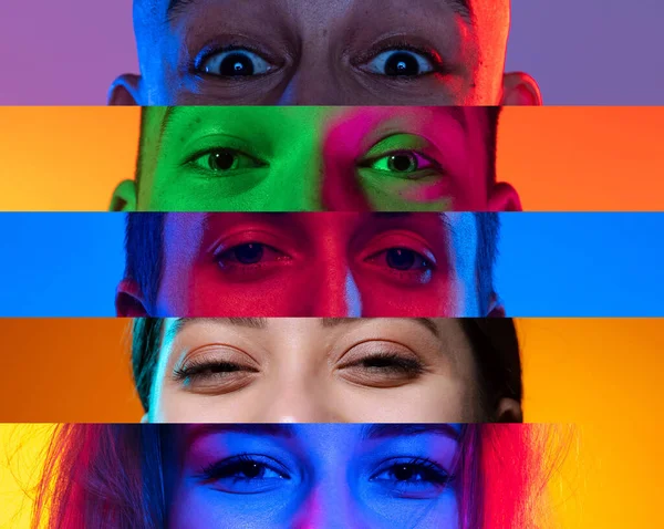 Rayas de neón, lomos. Primeros ojos humanos sobre fondo multicolor en luz de neón. Collage hecho de caras recortadas de modelos masculinos y femeninos. Diversidad —  Fotos de Stock