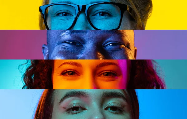 Neonstreifen, Lendenwirbel. Nahaufnahme menschlicher Augen auf buntem Hintergrund im Neonlicht. Collage aus ausgeschnittenen Gesichtern männlicher und weiblicher Models. Vielfalt — Stockfoto