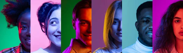 Multiethnische Freunde. Zugeschnittene Porträts von Menschen auf buntem Hintergrund im Neonlicht. Collage aus Gesichtshälften männlicher und weiblicher Models. — Stockfoto