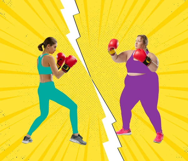 Счастливая юная стройная девушка и плюс размер женщина в спортивной форме бокс изолированы на ярко-желтом фоне. Концепция здорового образа жизни, потеря веса. — стоковое фото