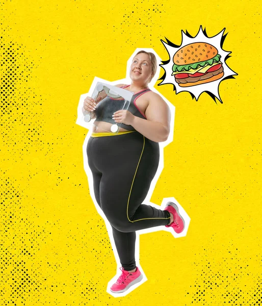 Collage zeitgenössischer Kunst. Junge Plus-Size-Frau in Sportuniform und Junk Food isoliert auf gelbem Neon-Hintergrund. Konzept zur Gewichtsreduktion. — Stockfoto