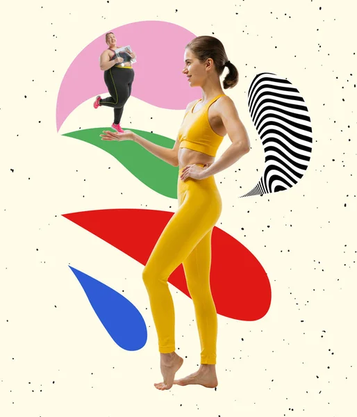 Kreativ konstcollage med ung smal flicka och plus storlek kvinna bär sport uniform isolerad på abstrakt bakgrund. Begreppet viktminskning. — Stockfoto