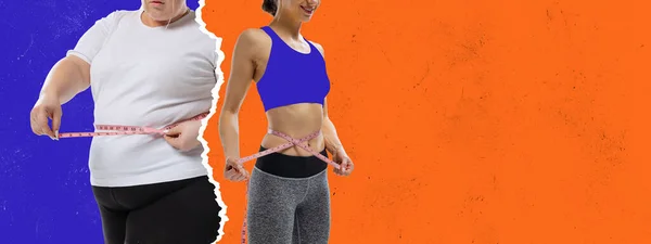 Collage mit Körpern von schlanken Mädchen und Plus-Size-Frauen in Sportuniform isoliert auf blau-orangefarbenem Neon-Hintergrund. Konzept des gesunden Lebensstils, Fitness, Sport, Gewichtsabnahme. — Stockfoto