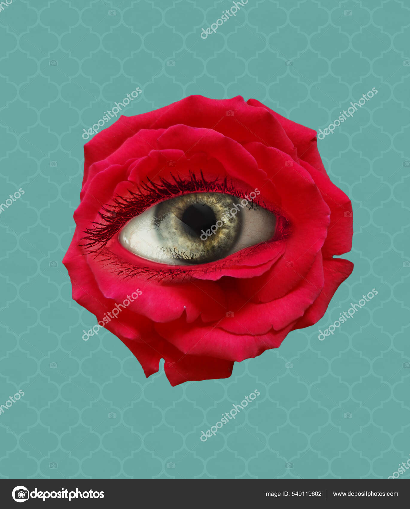 Flor de rosa vermelha com um olho dentro dele no fundo azul. Design  moderno. Arte contemporânea. Colagem conceitual e colagem colorida  criativa. Beleza, arte, visão — Foto © vova130555@gmail.com #549119602, image size:1371x1700