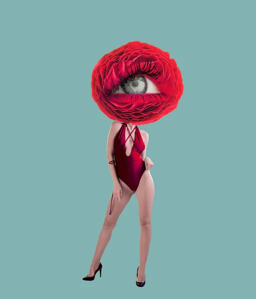 Colaj de artă contemporană cu o tânără fată subțire, capătă o floare roșie cu ochi deschiși în interiorul ei pe fundal deschis. Design modern. Conceptul de frumusete, arta, viziune, moda — Fotografie, imagine de stoc