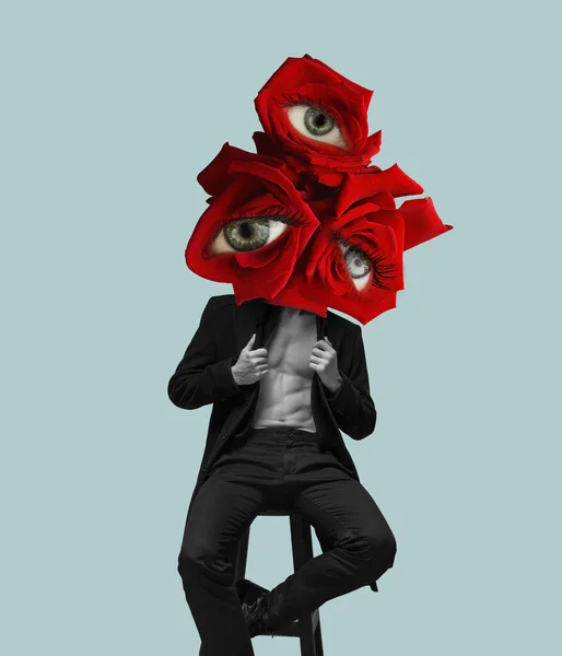 Collage de arte contemporáneo con joven hombre con estilo encabezado de rosas rojas con los ojos abiertos en su interior sobre fondo azul. Diseño moderno. Concepto de belleza, arte, visión, moda — Foto de Stock