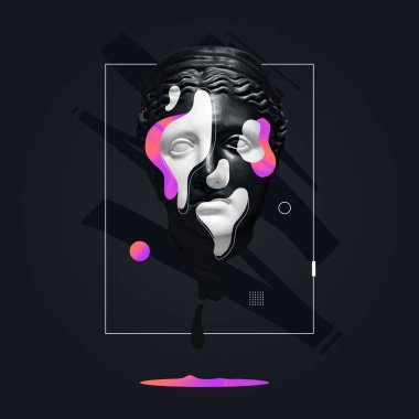 Çağdaş sanat kolajı alçı başlıklı heykel koyu sıvı geometrik arka planda izole edilmiş ve neon boyalı. Modern tasarım. Çizgi çalışması. Sürrealizm. Modern sıradışı sanat.