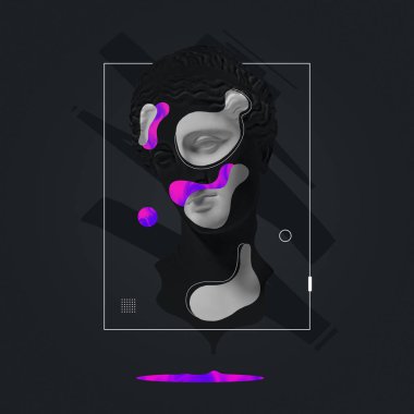 Çağdaş sanat kolajı alçı başlıklı heykel koyu sıvı geometrik arka planda izole edilmiş ve neon boyalı. Modern tasarım. Çizgi çalışması. Sürrealizm. Modern sıradışı sanat.
