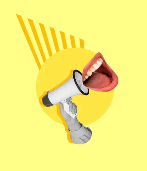Человеческая рука с мегафоном и женским открытым ртом на желтом фоне. Коллаж современного искусства. Вдохновение, идея, триумфальный стиль городского журнала. — стоковое фото