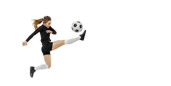Strikere. Profesionální ženský fotbal, fotbalista v akci, pohyb izolovaný na bílém pozadí studia. Sport, akce, pohyb, fitness — Stock fotografie