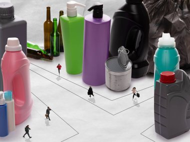 Küçük insanlar çöpten, plastikten ve ev atığından oluşan bir şehirde yaşıyorlar. Çağdaş sanat kolajı, modern yaratıcı tasarım. Çevre, ekoloji, eko, Dünya ikliminin ısınması.