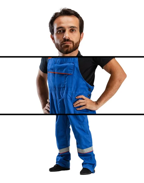Collage with young serious man, auto mechanic or fitter in dungarees isolated over white studio background. Concept of funny meme emotions. Composite image — Stock Photo, Image