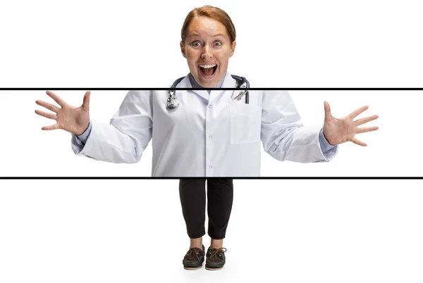 Immagine composita, collage con di giovane medico, veterinario urla isolato su sfondo bianco. Concetto di medicina, emozioni, salute. Divertenti emozioni meme — Foto Stock