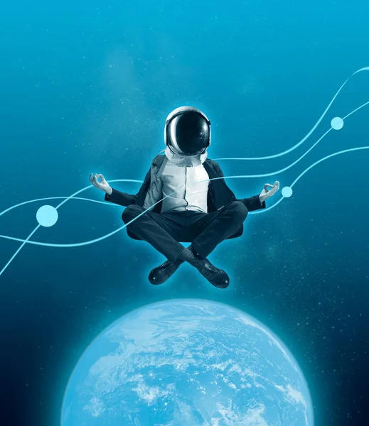 Contemporary art collage with businessman in helmet sitting in lotus position on outer space background. Concept of astronautics, dreams, Day of Human Space Flight — Stock Photo, Image