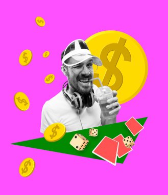 Çağdaş parlak kolaj. Sürrealizm. Parlak neon arka planda oynayan heyecanlı genç adam. Kumar, bağımlılık, bahis ve kazanma