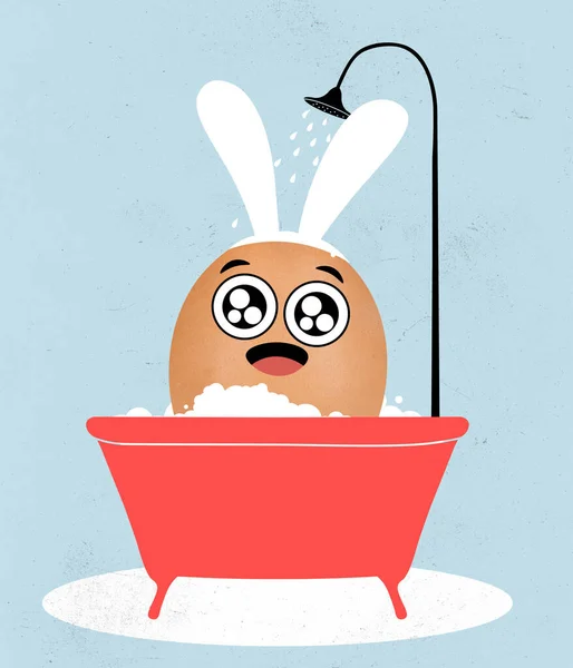 Pintado divertido huevo lindo en estilo de dibujos animados como conejo de Pascua tomando baño. Felices tradiciones de Pascua, humor. Concepto de vacaciones, primavera, celebración, tiempo en familia, niños, ventas —  Fotos de Stock