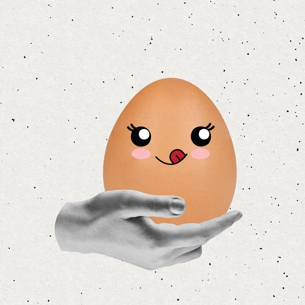 Mão humana segurando pintado engraçado bonito ovo em estilo de desenho animado. Tradições felizes da Páscoa, humor. Conceito de feriados, primavera, comemoração, tempo de família, crianças, vendas — Fotografia de Stock