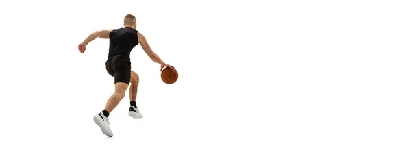 Flyer with young muscled man, basketball player running with ball isolated on white studio background. Sport, motion, activity concepts. — Stock Photo, Image