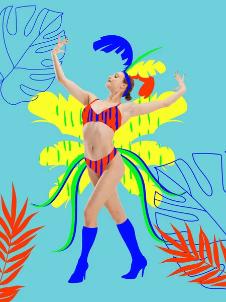 Collage de arte contemporáneo con adorable mujer feliz con traje de carnaval colorido dibujado sobre fondo abstracto. Concepto de festival, vacaciones, arte, moda —  Fotos de Stock