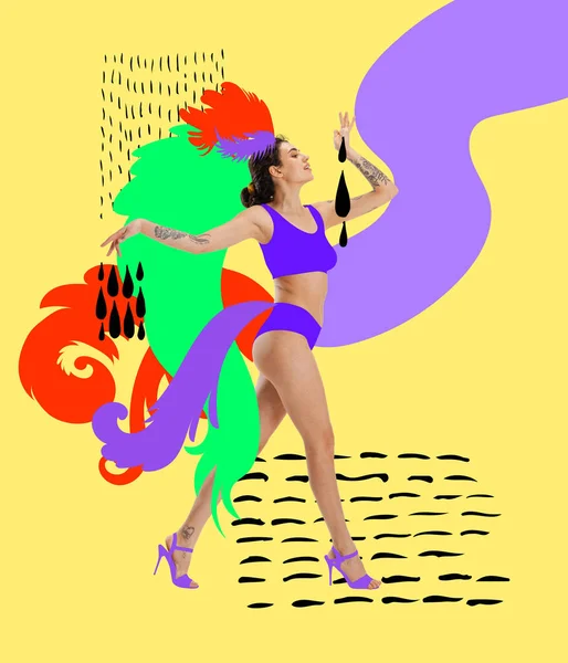 Colagem de arte contemporânea com mulher feliz adorável vestindo traje de carnaval colorido desenhado em fundo abstrato. Conceito de festival, feriados, arte, moda — Fotografia de Stock