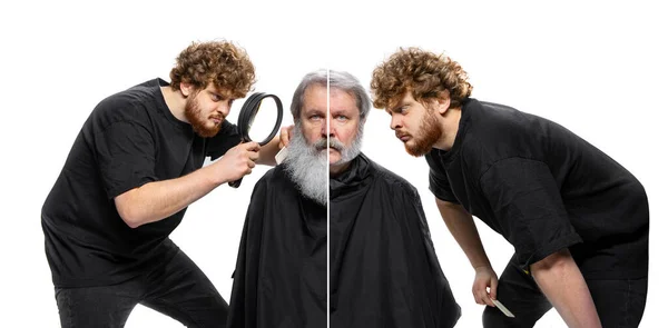 Collage cómico hecho con un joven peluquero pelirrojo haciendo corte de pelo creativo para el hombre mayor. Concepto de estilo, moda, belleza, cambios y diversión — Foto de Stock