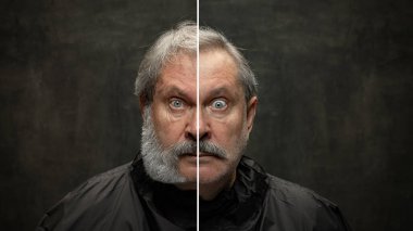 Şok olmuş gri sakallı son sınıf öğrencisinin koyu renkli arka planda izole edilmiş kameraya baktığı portreden yapılmış birleşik görüntü..