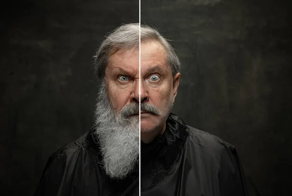 Imagen compuesta hecha de retrato de un hombre mayor de barba gris sorprendido mirando la cámara aislada sobre un fondo vintage oscuro. — Foto de Stock