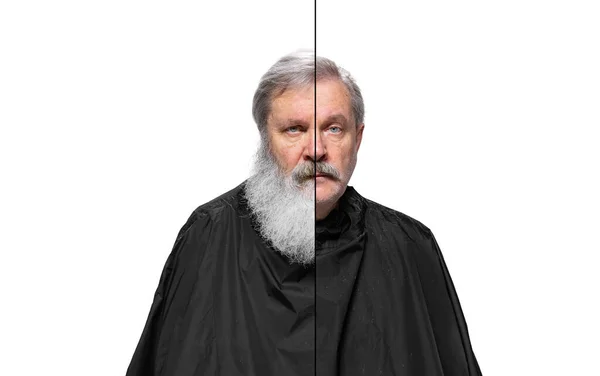Kompositbild des Porträts eines graubärtigen älteren Mannes, der isoliert auf weißem Hintergrund in die Kamera blickt. Modestil — Stockfoto
