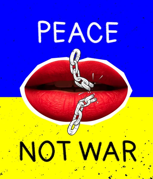 여성의 입술을 가까이 하는 여성의 입술을 가진 컨셉 아트 콜라주와 푸른 노란 깃발 배경에 평화와 전쟁 이 없는 사인. 도움, 지원 개념 — 스톡 사진
