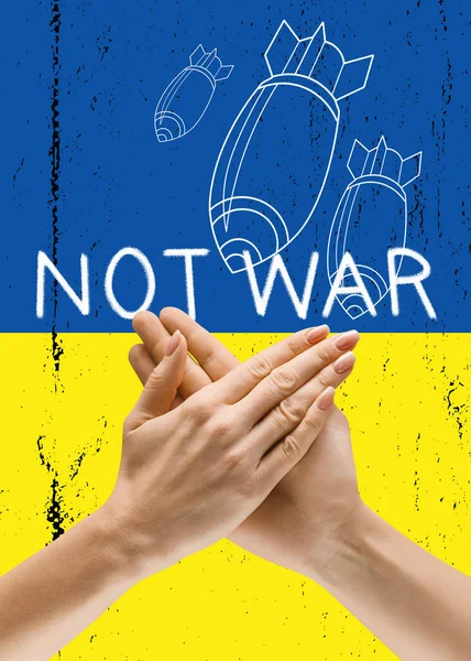 Концептуальний колаж з людськими руками на синьому жовтому прапорі України. Ні війни, ні миру, ні бомбових атак. — стокове фото