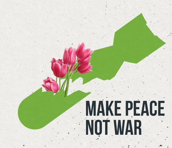 하얀 배경에 고립된 세계에서 전쟁에 대한 평화의 상징으로 꽃 이 핀 개념적 인 콜라주가 있었습니다. 전쟁, 테러 방지 개념 — 스톡 사진