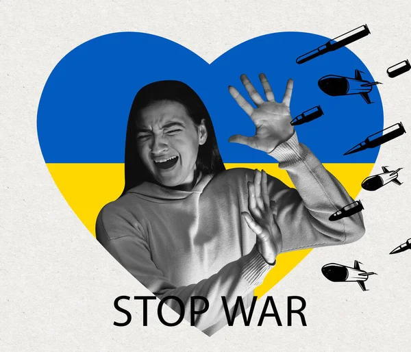 Collage conceptual con chica gritando asustado mostrando señal de stop a bomba voladora aislado sobre fondo de color. No hay guerra, paz en el mundo. —  Fotos de Stock