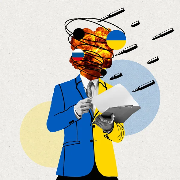 Концептуальный коллаж с бизнесменом, возглавляемым ядерным взрывом, в костюме сине-желтого цвета украинского флага. Никакой войны, мира во всем мире, прекратите взрывы бомб — стоковое фото