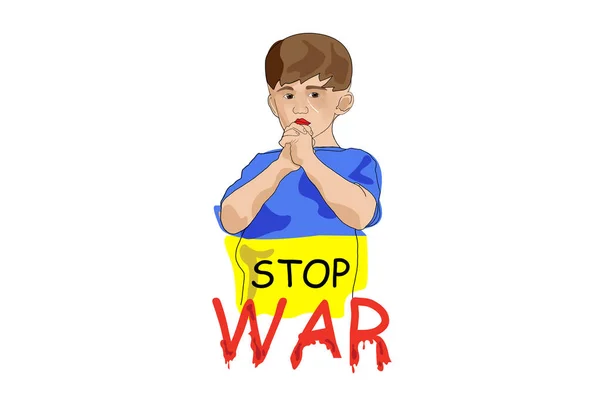 Desenho conceitual com menino, criança dizendo para parar a guerra na Ucrânia isolado sobre fundo branco — Fotografia de Stock