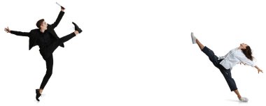 Beyaz arka planda izole edilmiş, takım elbiseli iki şık ofis çalışanı olan el ilanı. Sanat, güzellik, moda ve iş konsepti.