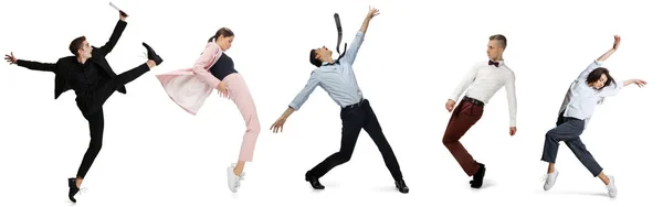 Happy office workers jumping and dancing in business style outfits, clothes on white background. Collage, flyer, poster — Stock Photo, Image