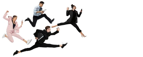 Glückliche Büroangestellte springen und tanzen in Business-Outfits, Kleidung auf weißem Hintergrund. Collage, Flyer, Plakat — Stockfoto