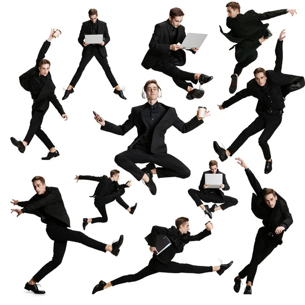 Set van beelden van jonge man, mannelijke kantoormedewerker in zwart pak springen, dansen en mediteert met mappen, koffie, tablet op witte achtergrond. — Stockfoto