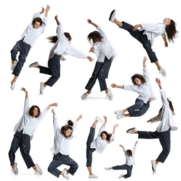 Vrijheid. Jong meisje, minachtende danseres die dynamisch geïsoleerd beweegt op een witte achtergrond. Kunst, beweging, actie, inspiratie — Stockfoto