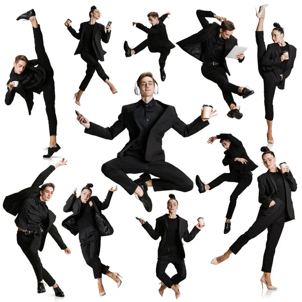 Collage gemaakt van beelden van jonge man en vrouw, kantoorpersoneel in zwarte pakken springen, dansen en mediteert met mappen, koffie, tablet op witte achtergrond. — Stockfoto